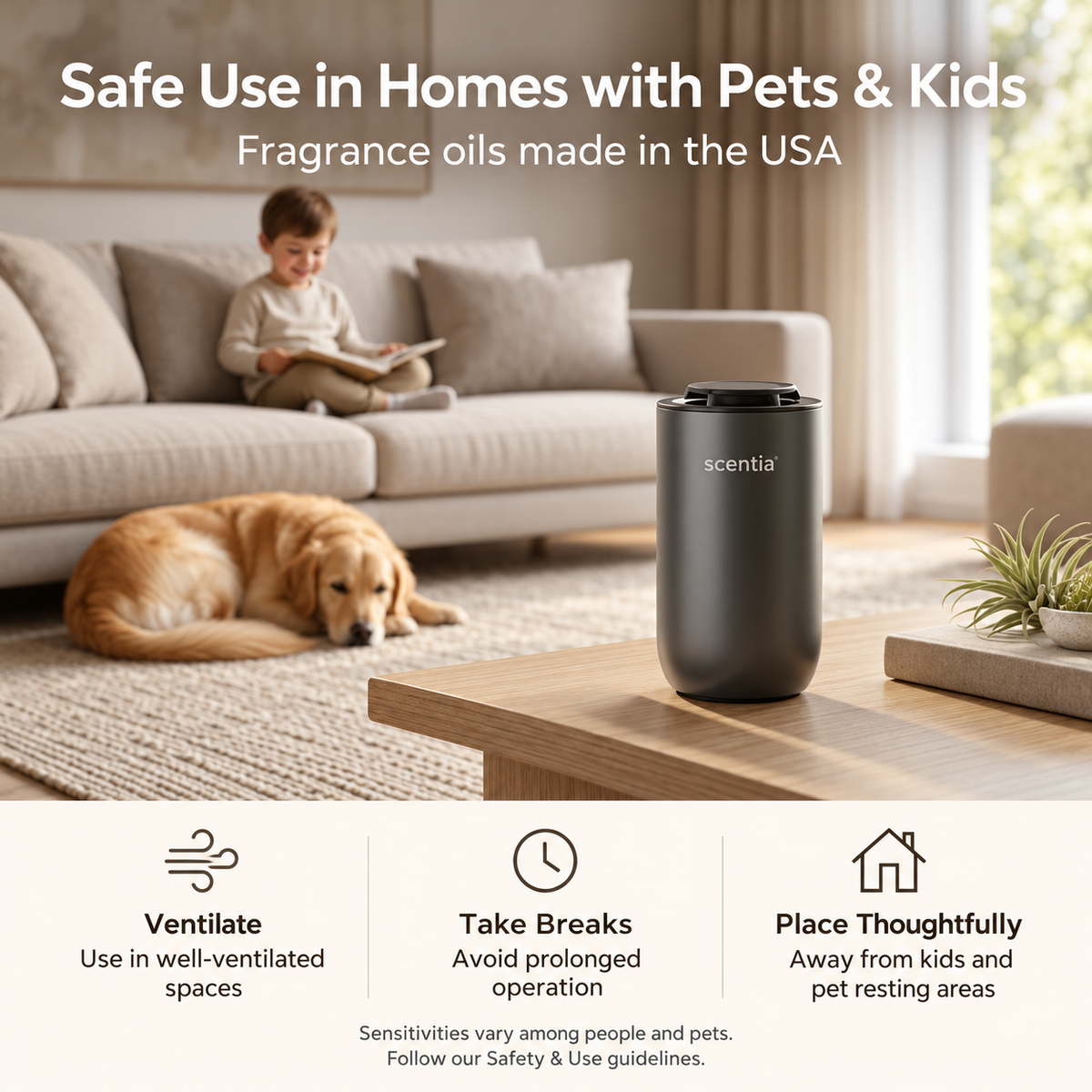 Safe use in homes with pets and kids. Fragrance oils made in the USA. Ventilate, take breaks, and place thoughtfully. Sensitivities vary.